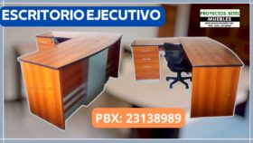 Escritorio de melamina en L curveada con pedestal de 3 gavetas sistema de llave general silla semi ejecutiva secretarial