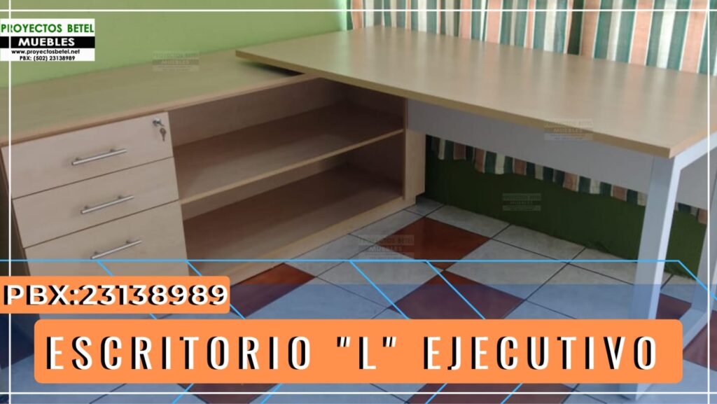 Escritorio ejecutivo en L con base metalica de tubo cuadrado y credenza con pedestal de 3 gavetas con sistema de llave general