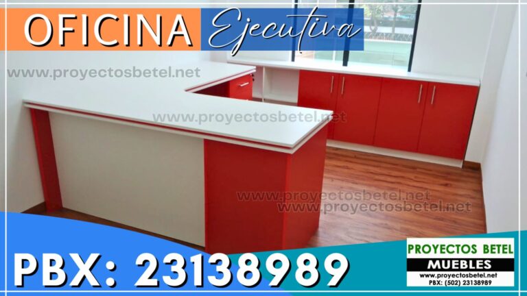Escritorio y credenza en melamina color blanco combinado con rojo