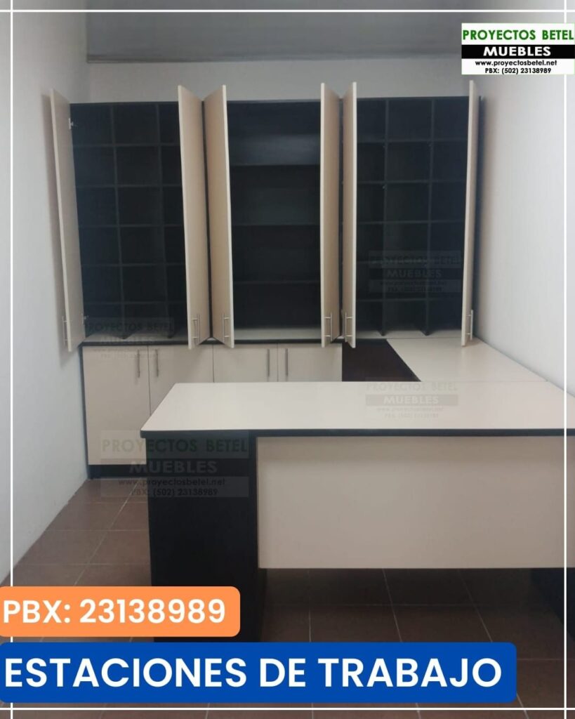 Escritorio en melamina con aereos y credenza fabricado por Proyectos Betel Guatemala